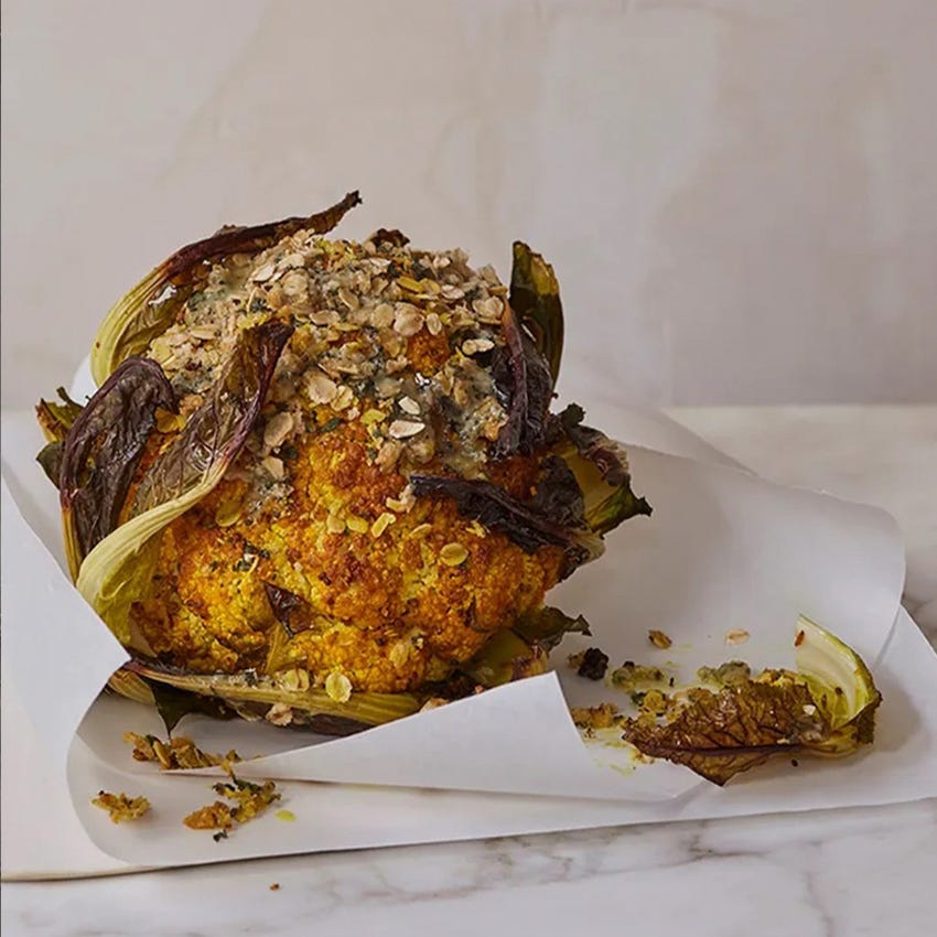 Whole Roast Cauliflower With A Mustard, Blue Cheese & Sage Topping