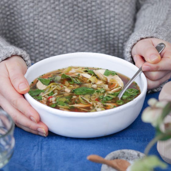 Comforting Chicken Broth with Pearl Barley, Ginger & Watercress