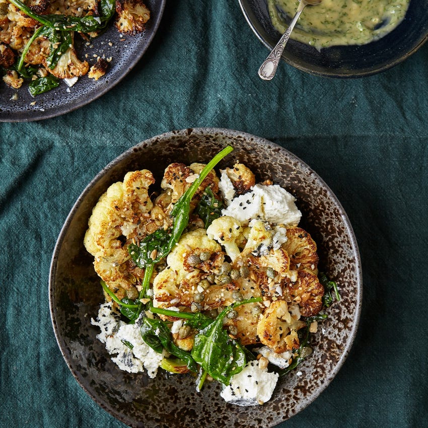 Dukkah Cauliflower 'Steak' with Green Tahini, Spinach, Curd & Capers – a guest recipe by Eve Kalinik