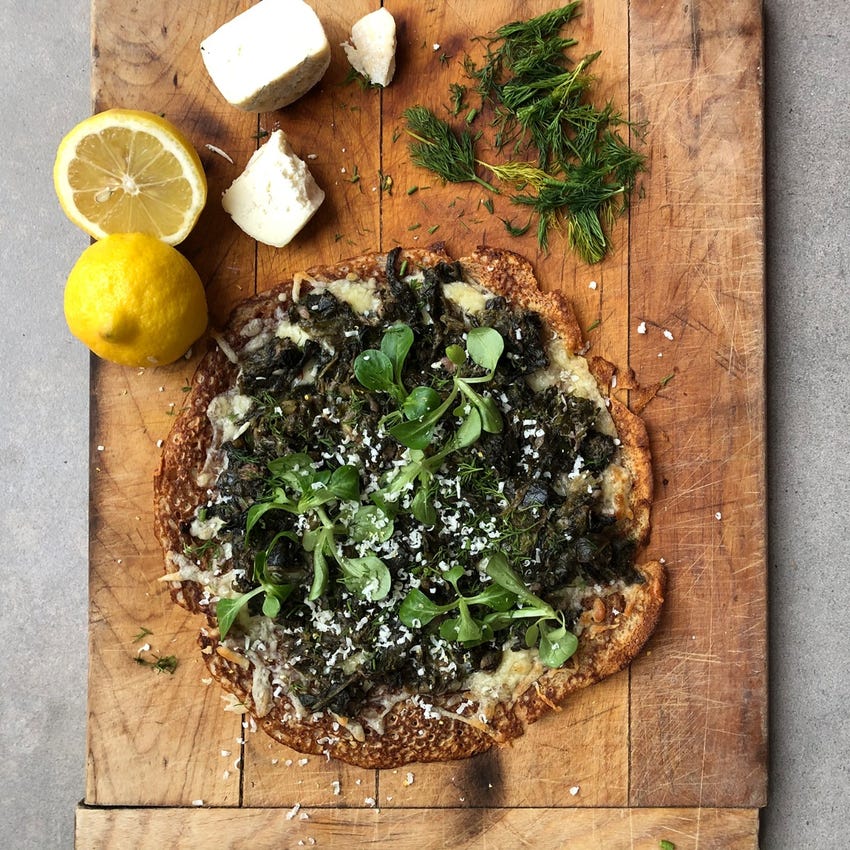 Open Buckwheat Crêpes with Wilted Greens & Ricotta